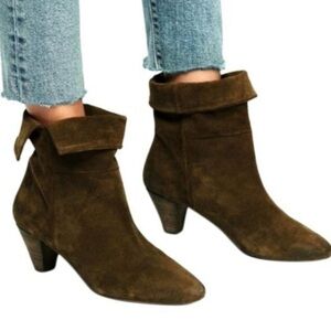 Free People Adella Musk Khaki Dark Green Suede Slip On Low Heel Booties